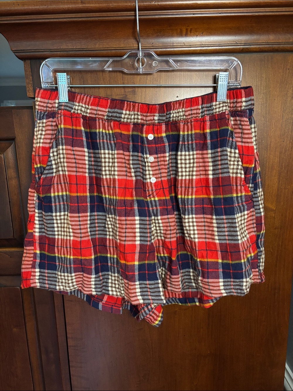 Aerie Flannel Plaid Cozy Boxer Pajama Shorts, Red and Blue